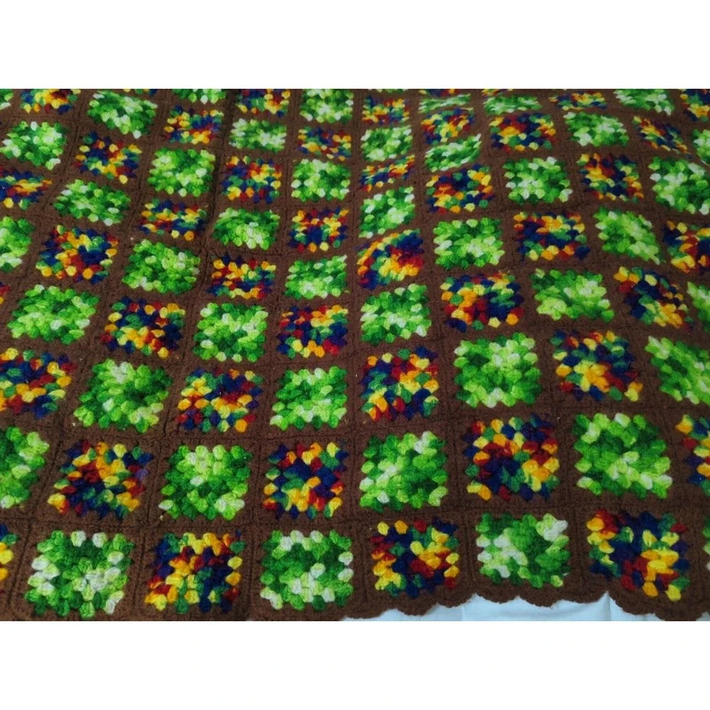 Handmade crocheted granny square afghan blanket throw brown‎ green rainbow heavy